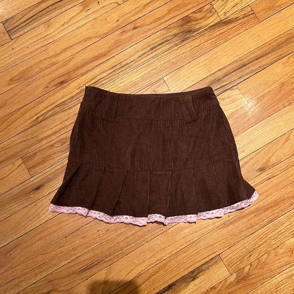 Brown Corduroy Skirt with Pink Lace Trim